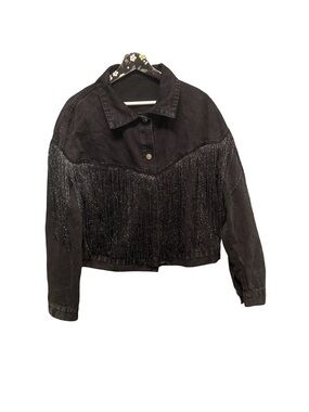 Black Acid Wash Denim Jacket Metallic Fringe Trim Western Festival Size Large